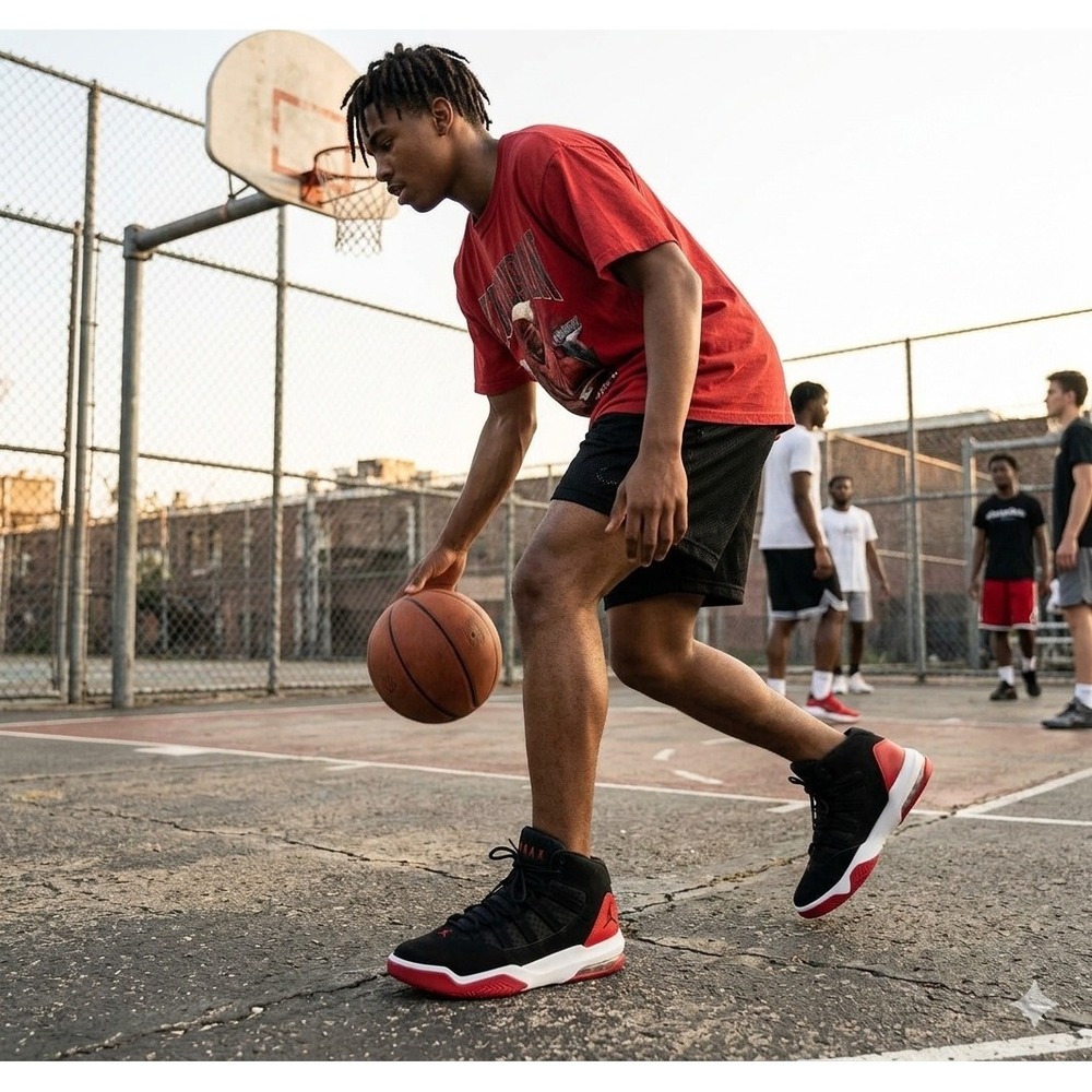 Jordan Max Aura Mens Basketball Shoes Black Red White Bred AQ9084-006‎ Mid Top